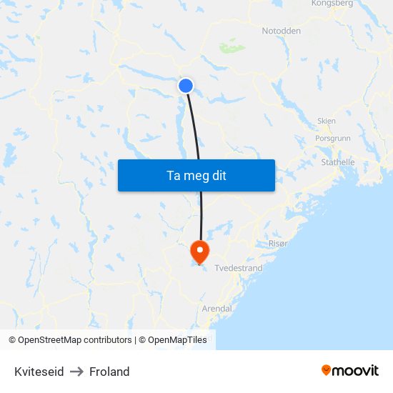 Kviteseid to Froland map