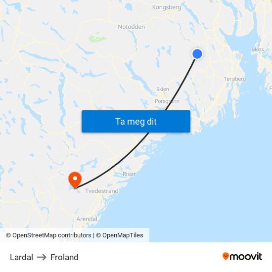 Lardal to Froland map
