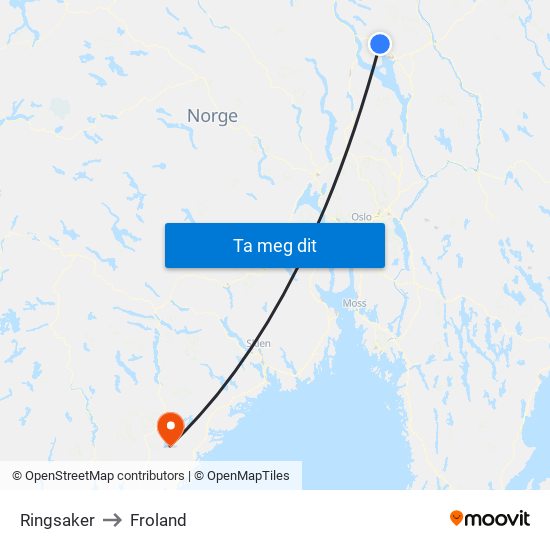 Ringsaker to Froland map