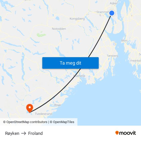 Røyken to Froland map