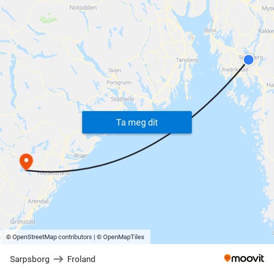 Sarpsborg to Froland map
