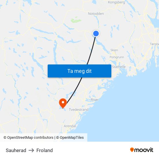 Sauherad to Froland map