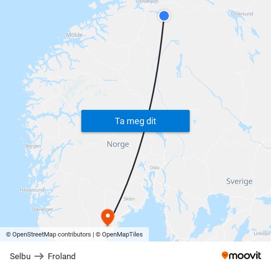 Selbu to Froland map