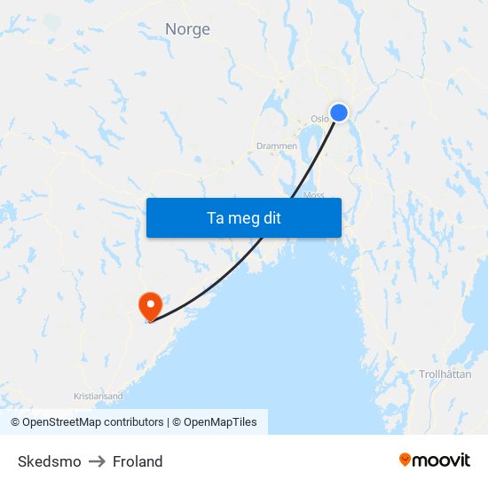 Skedsmo to Froland map