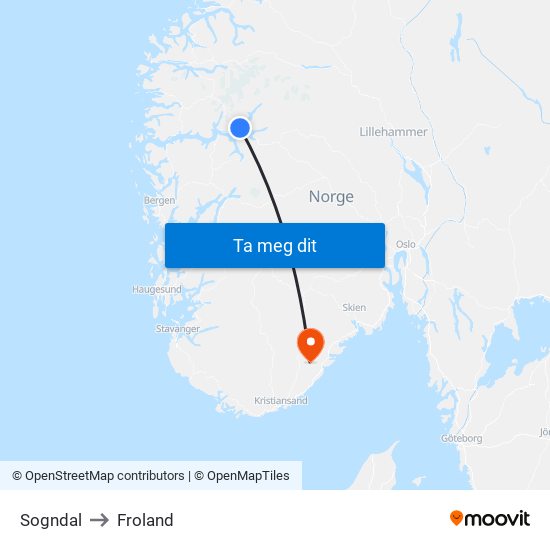 Sogndal to Froland map