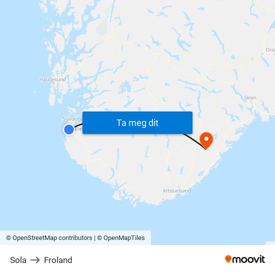 Sola to Froland map