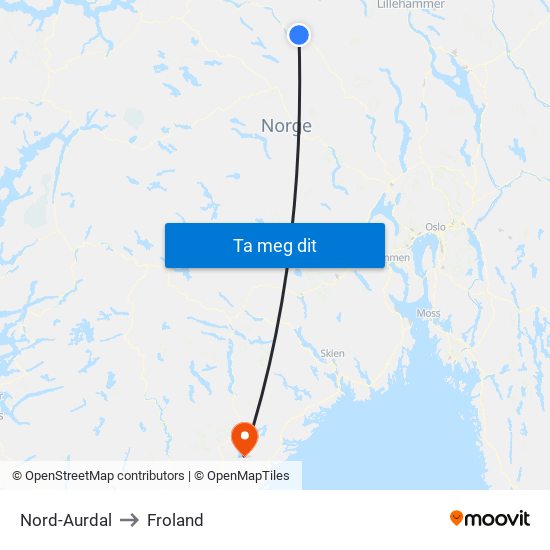 Nord-Aurdal to Froland map