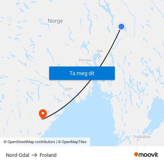 Nord-Odal to Froland map