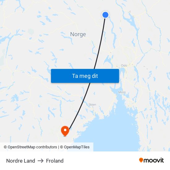 Nordre Land to Froland map