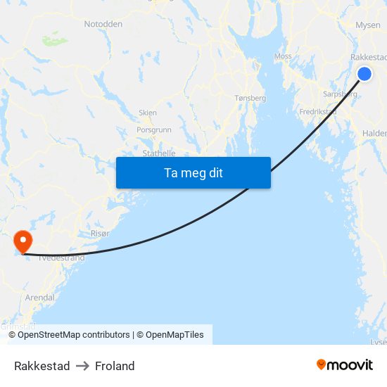 Rakkestad to Froland map