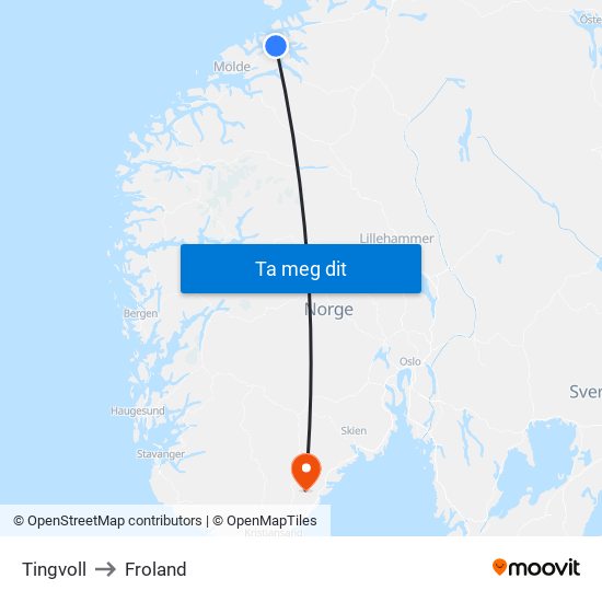 Tingvoll to Froland map