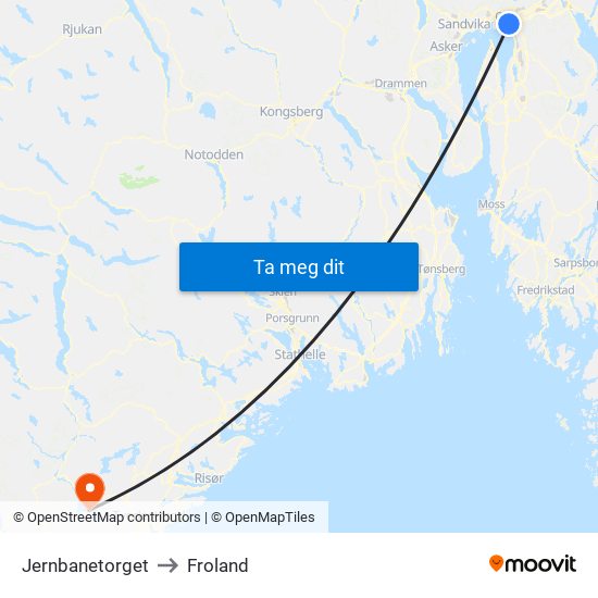 Jernbanetorget to Froland map