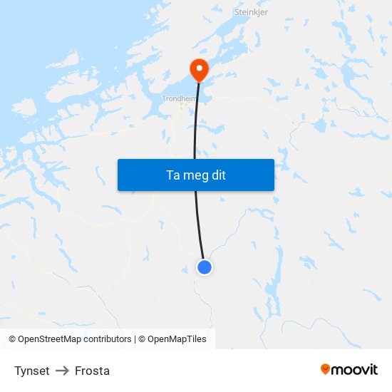 Tynset to Frosta map