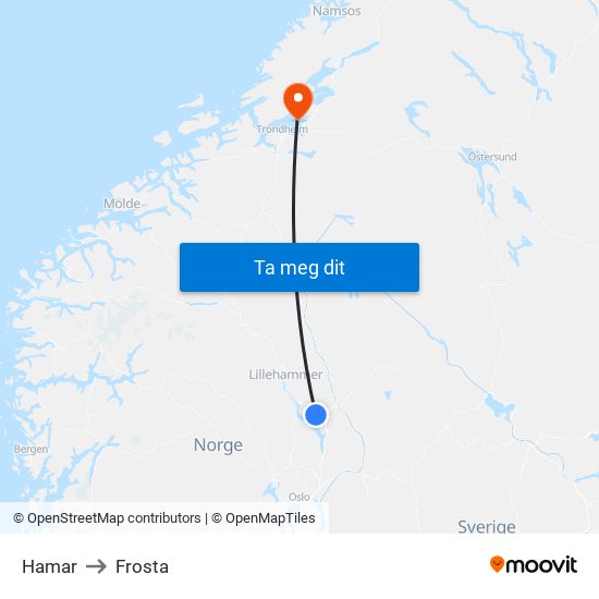 Hamar to Frosta map