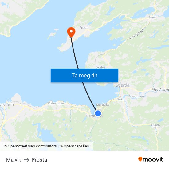 Malvik to Frosta map