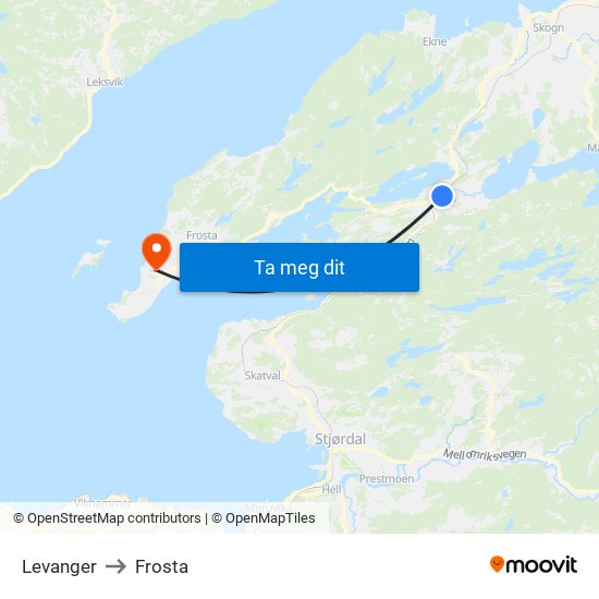 Levanger to Frosta map