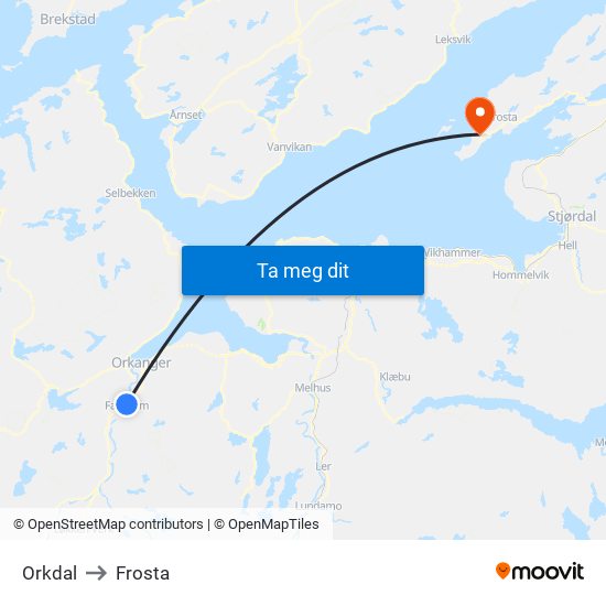 Orkdal to Frosta map