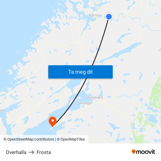 Overhalla to Frosta map