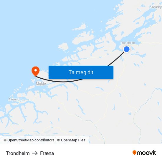 Trondheim to Fræna map