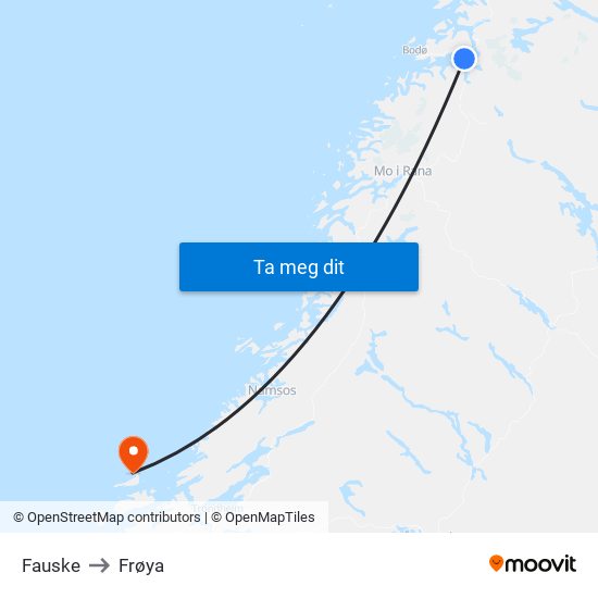 Fauske to Frøya map