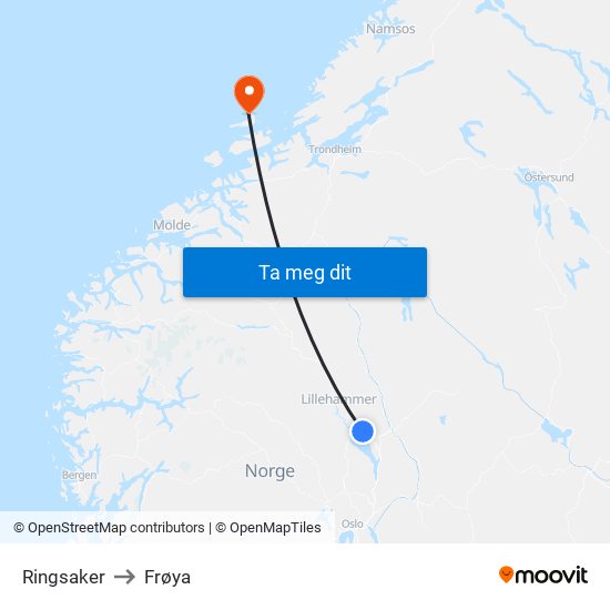 Ringsaker to Frøya map