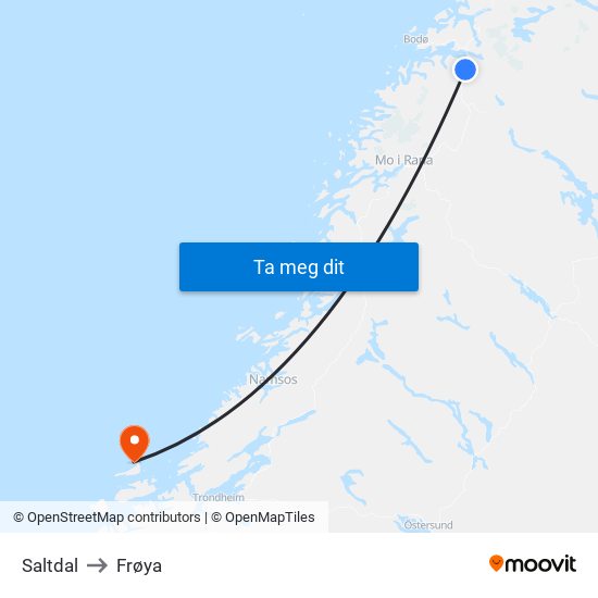 Saltdal to Frøya map