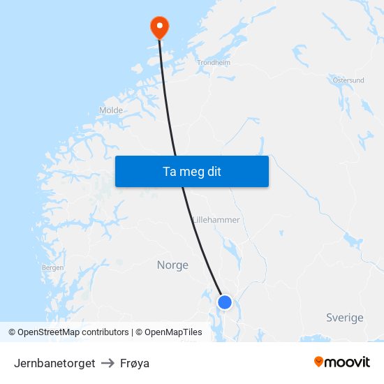 Jernbanetorget to Frøya map