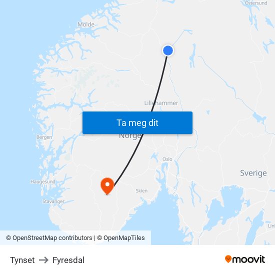 Tynset to Fyresdal map
