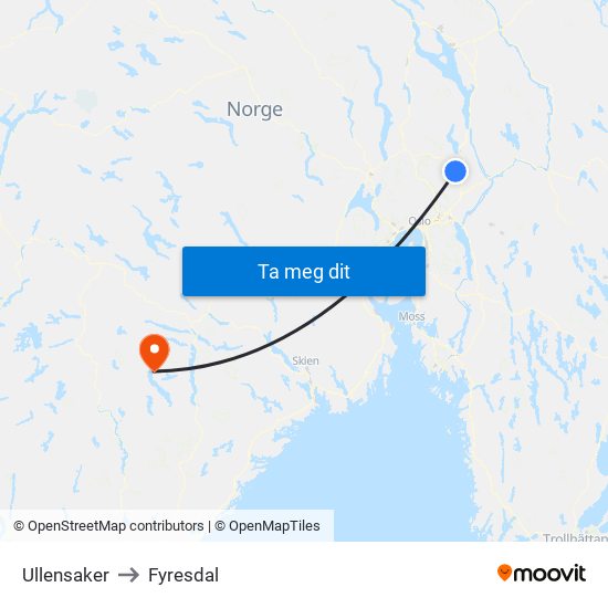 Ullensaker to Fyresdal map