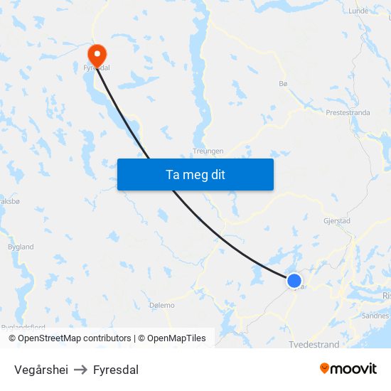 Vegårshei to Fyresdal map