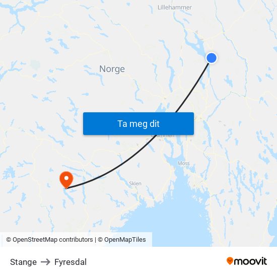 Stange to Fyresdal map