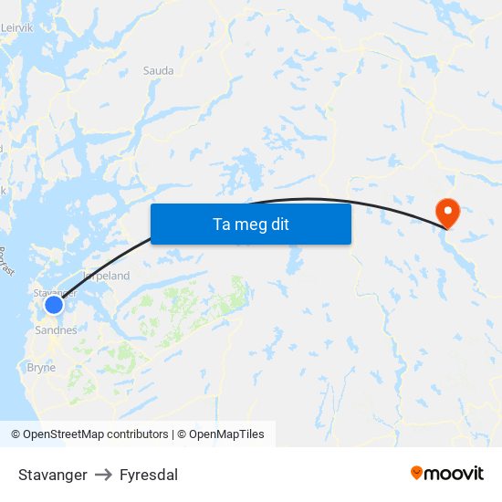 Stavanger to Fyresdal map