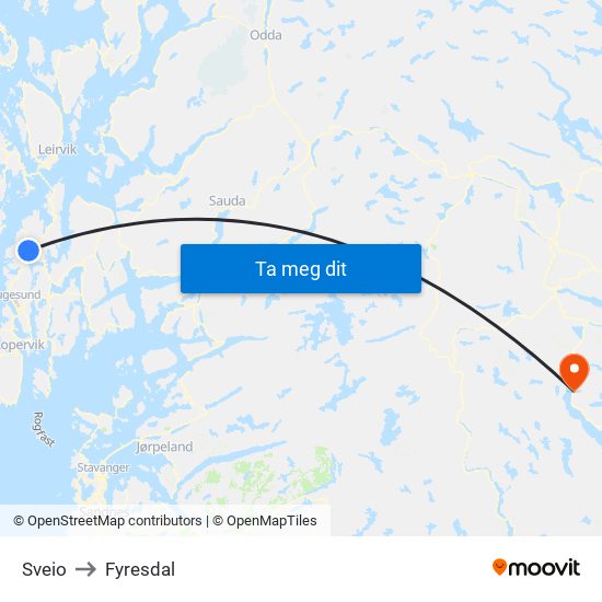 Sveio to Fyresdal map