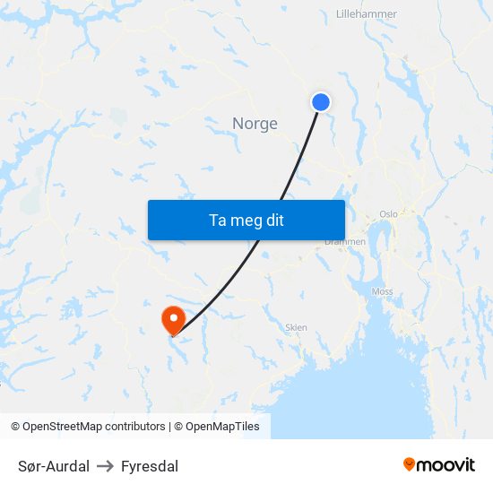 Sør-Aurdal to Fyresdal map