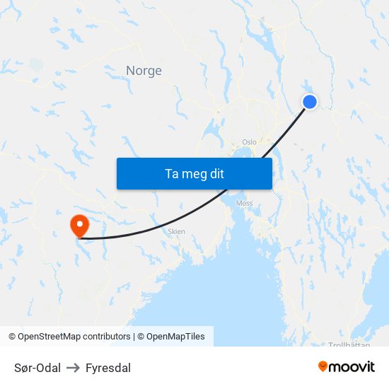 Sør-Odal to Fyresdal map