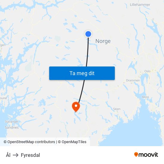 Ål to Fyresdal map