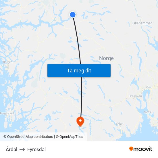 Årdal to Fyresdal map