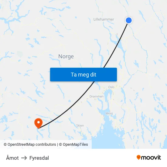 Åmot to Fyresdal map