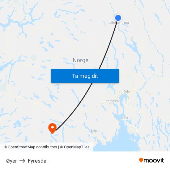 Øyer to Fyresdal map