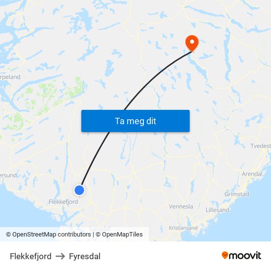 Flekkefjord to Fyresdal map