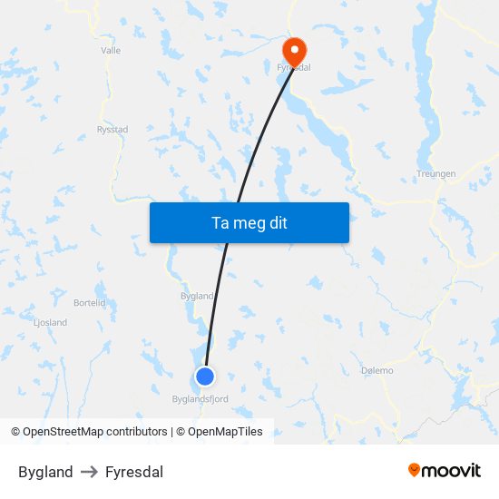 Bygland to Fyresdal map