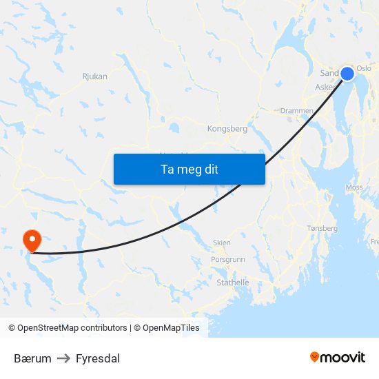 Bærum to Fyresdal map
