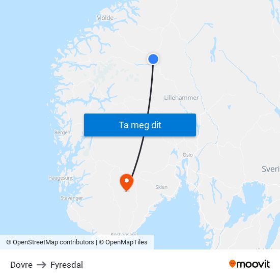 Dovre to Fyresdal map