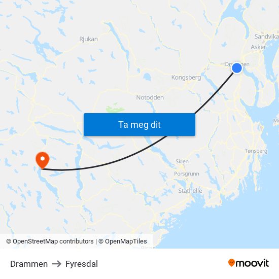 Drammen to Fyresdal map