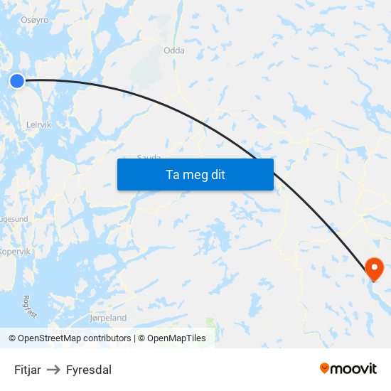 Fitjar to Fyresdal map