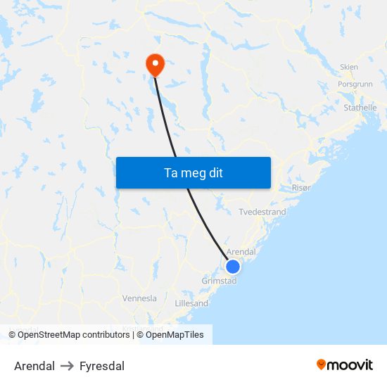 Arendal to Fyresdal map