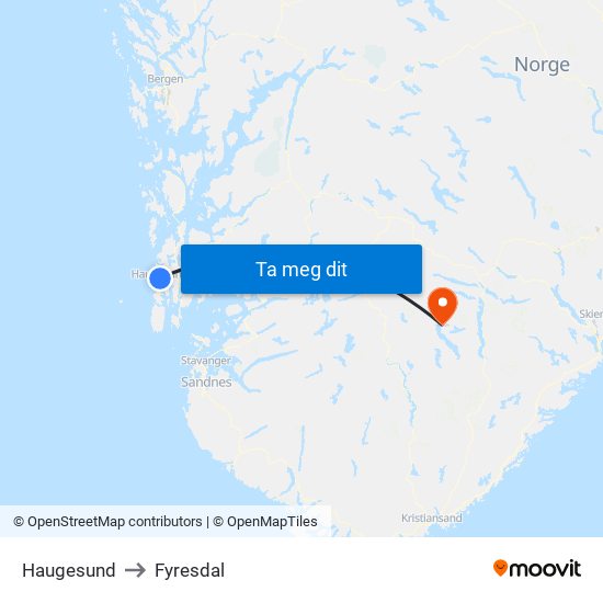 Haugesund to Fyresdal map