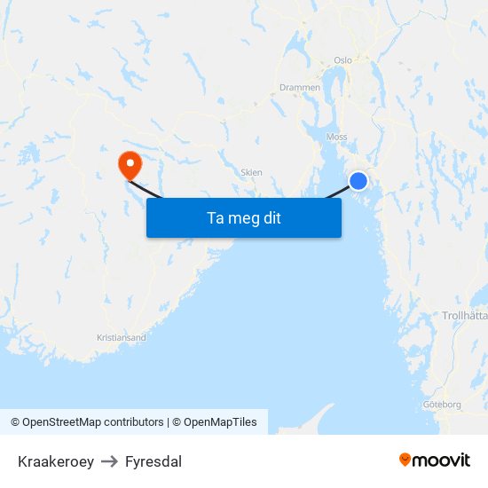 Kraakeroey to Fyresdal map