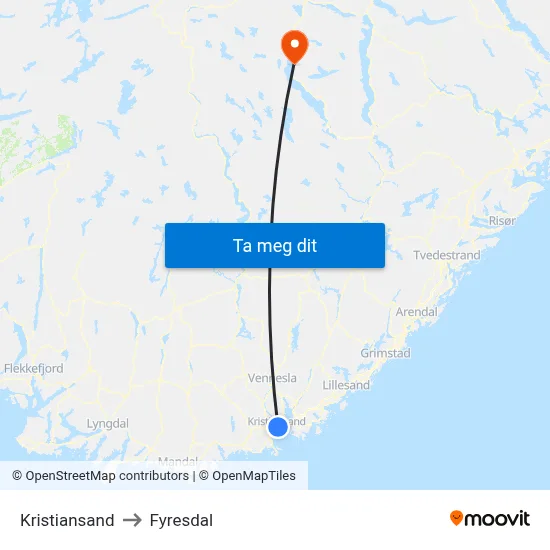 Kristiansand to Fyresdal map
