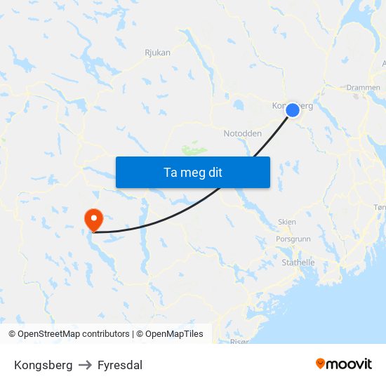 Kongsberg to Fyresdal map